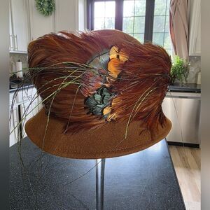 Vtg Peacock Feather Pheasant Hat B. Michael Mysha Brown Felt 21' Derby Racetrack